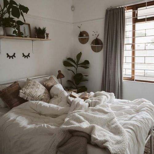 A cosy, unmade bed with pillows and a blanket sits by a window with grey curtains. Potted plants and wall shelves decorate the white walls, creating an inviting space that debunks common hygge myths. A book lies open on the bed.